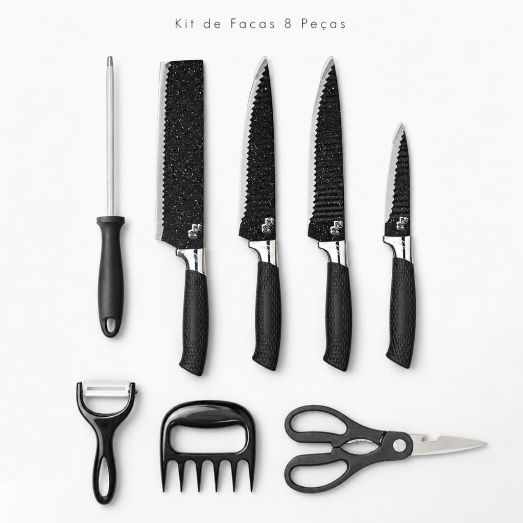 Kit de Facas Inox 8 Peças com 2 Facas Chef Cutelo Tesoura Afiador Garra e Caixa