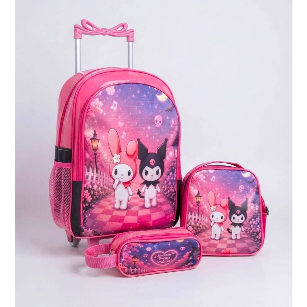 Mochila Rodinhas My Melodi E Kuromi Lancheira Estojo Duplo