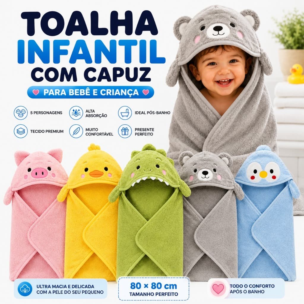 Toalha Infantil com Capuz 80x80 Ultra Macia Bebê Criança Alta Absorção 5 Personagens Premium