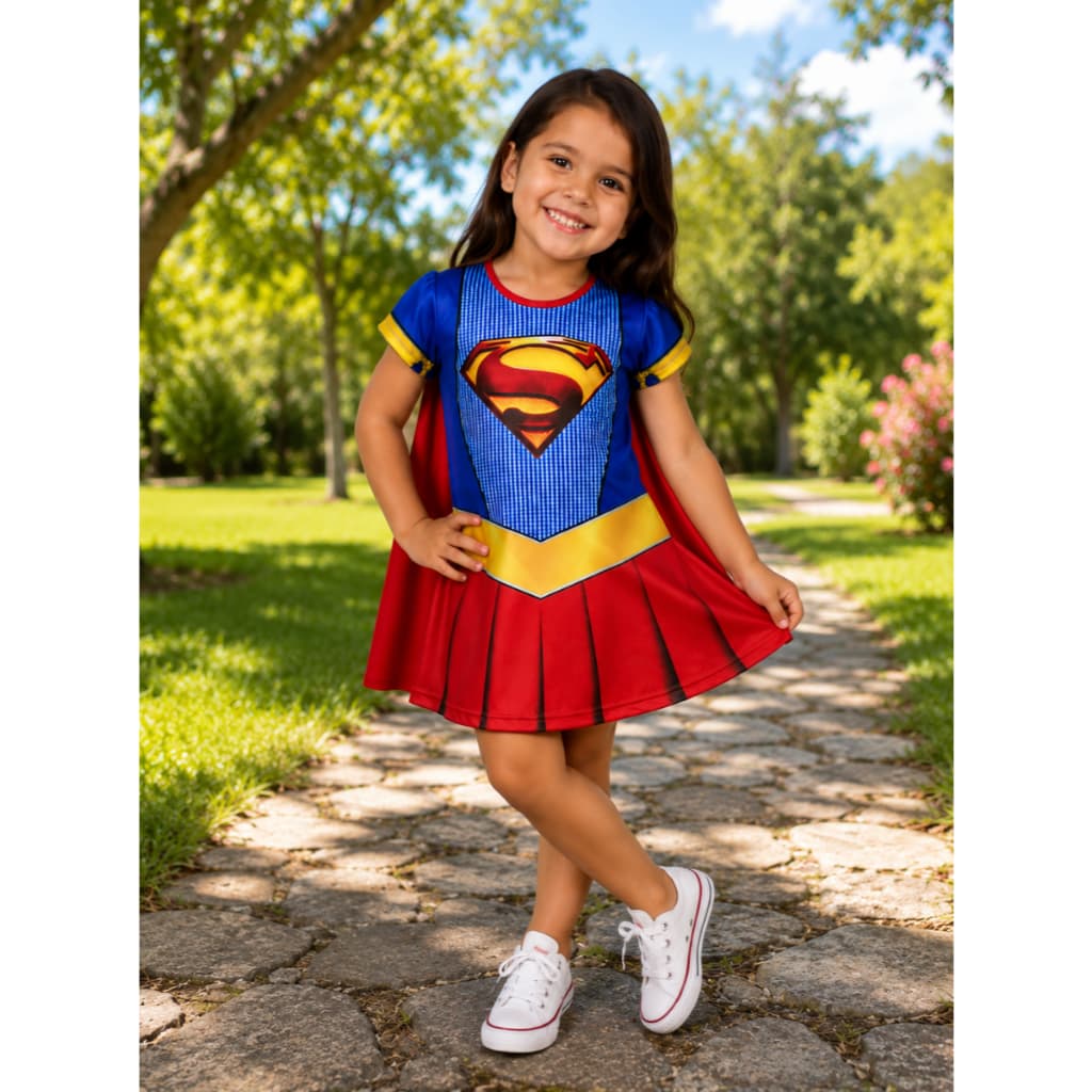 Fantasia Infantil SuperGirl Super-Heroína Roupa Vestido com Capa Girl Menina Feminina Diversão