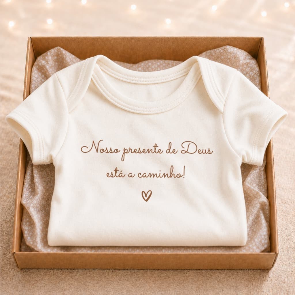 Body Frase "NOSSO PRESENTE DE DEUS ESTÁ A CAMINHO"Anúncio e Revelação da Gravidez Cristão Off White