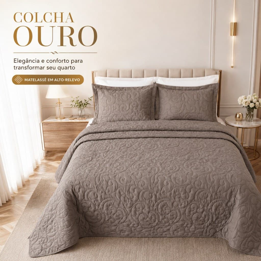 Kit Colcha Cobre Leito Ouro  3 Peças Matelassê Casal Queen King Com 2 Porta Travesseiros