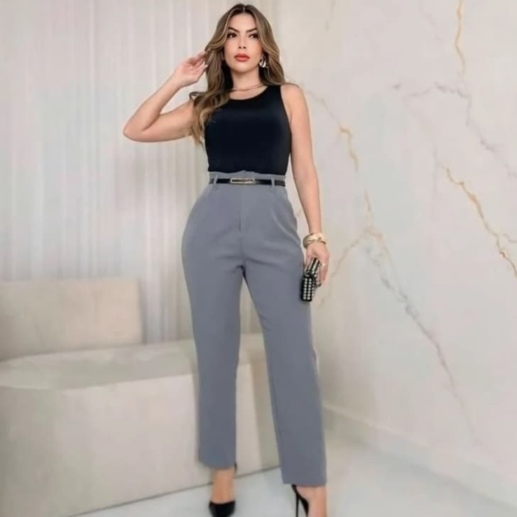 CALÇA FEMININA ALFAIATARIA CINTURA ALTA CASUAL ACOMPANHA CINTO COM ZÍPER NA LATERAL