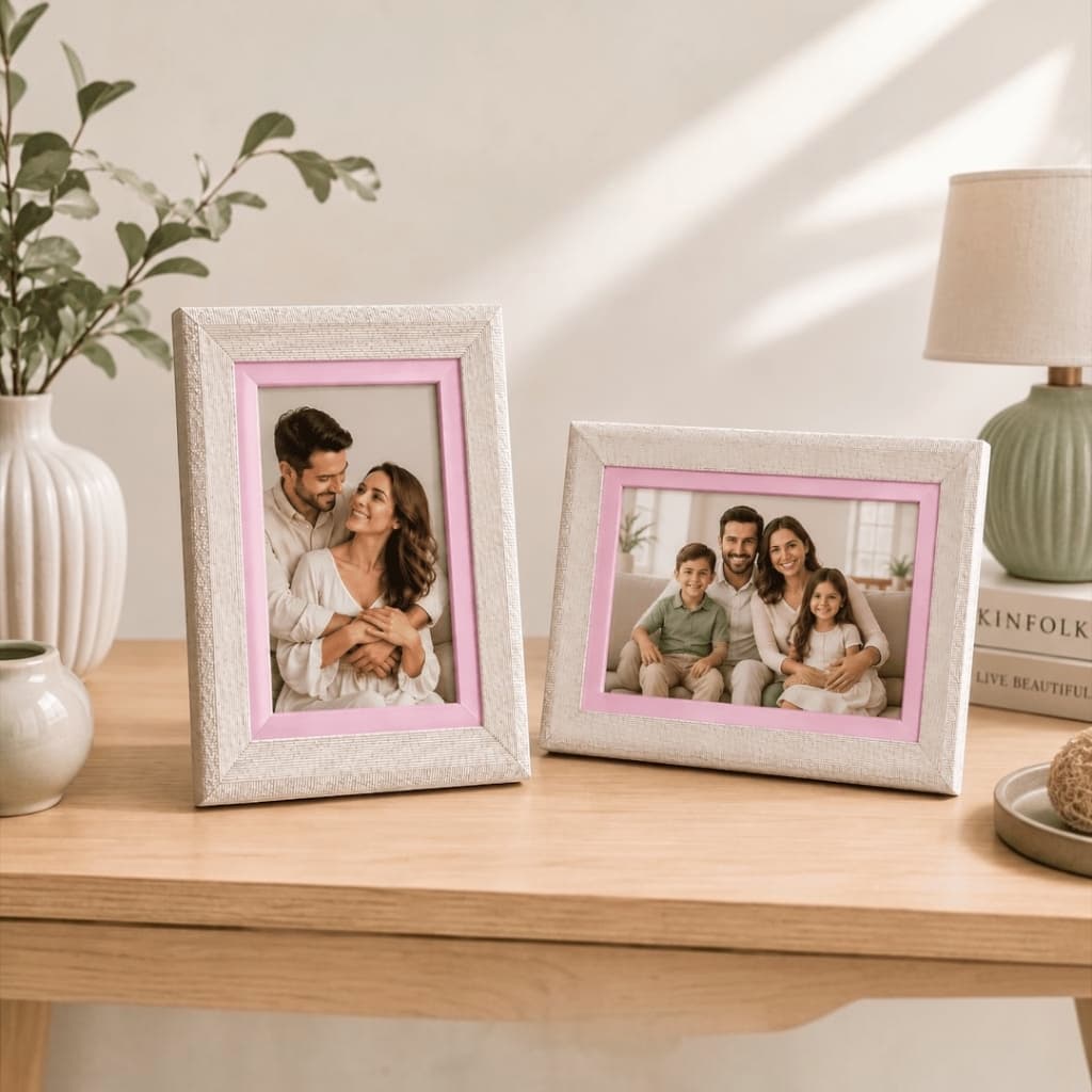 Porta Retrato 10x15 A6 com Vidro e Suporte para Fotos de Mesa Moldura Dupla Rosa MDF Decoração Sala Quarto Minimalista
