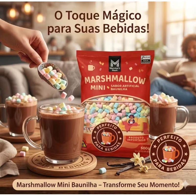 Marshmallow Mini Baunilha Member's Mark 500g Chocolate Quente, Café Gelado, Milk Shake, Sobremesas