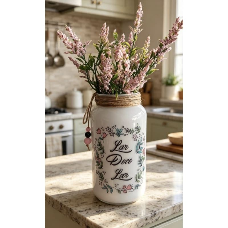 Vaso Decorativo de Vidro ,"Lar Doce Lar " com flores rosa artificiais e Azul Tifany
