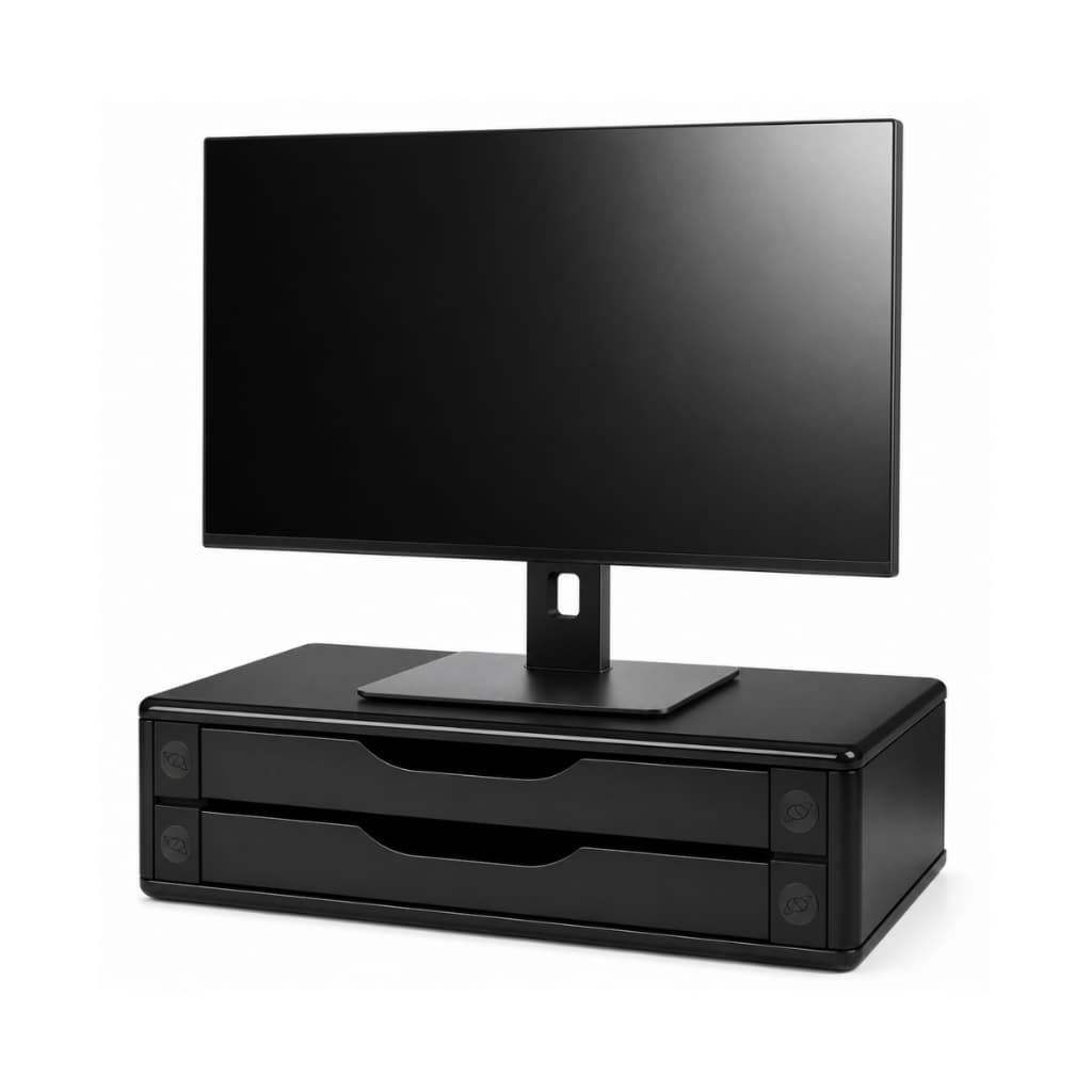 Suporte Para Monitor E Notebook Preto Com 2 Gavetas MDF Escritório Computador