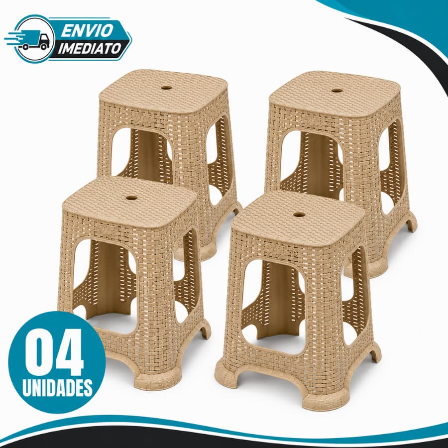 Kit 04 Banquetas de Plástico Bege Rattan Premium Moderna Durável Resistente