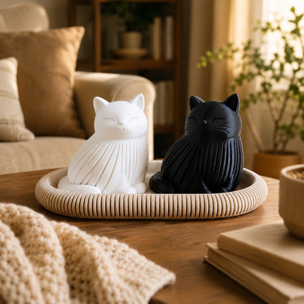 Kit Gatos Decorativos Preto e Branco com Bandeja Minimalista Enfeite para Sala Quarto e Escritório