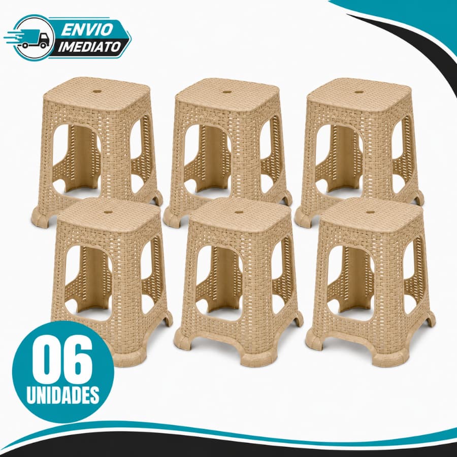 Kit 06 Banquetas de Plástico Bege Rattan Premium Moderna Durável Resistente