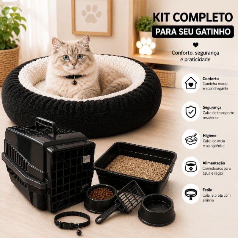 Kit Completo para Gato – Caminha + Caixa de Transporte + Caixa de Areia + Comedouros + Coleira