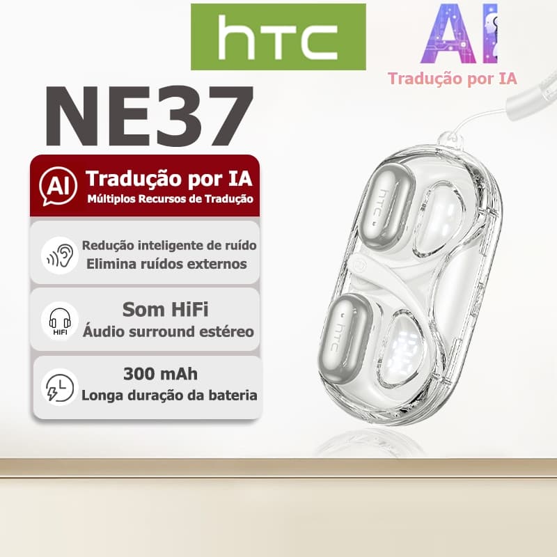 Fone Bluetooth HTC NE37 com tradução por IA, Bluetooth 6.0, som HiFi, áudio surround estéreo, resistente à água IPX5