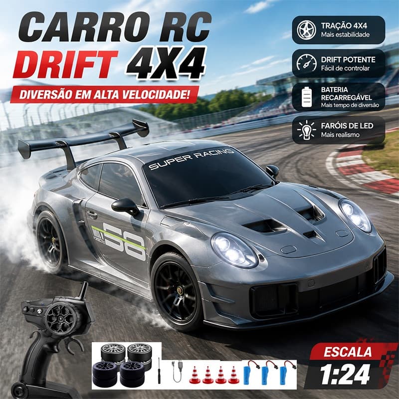 Carrinho Controle Remoto Drift 4x4 Estilo Porsche 911 1:24 com LED Bateria Recarregável Carro RC Esportivo