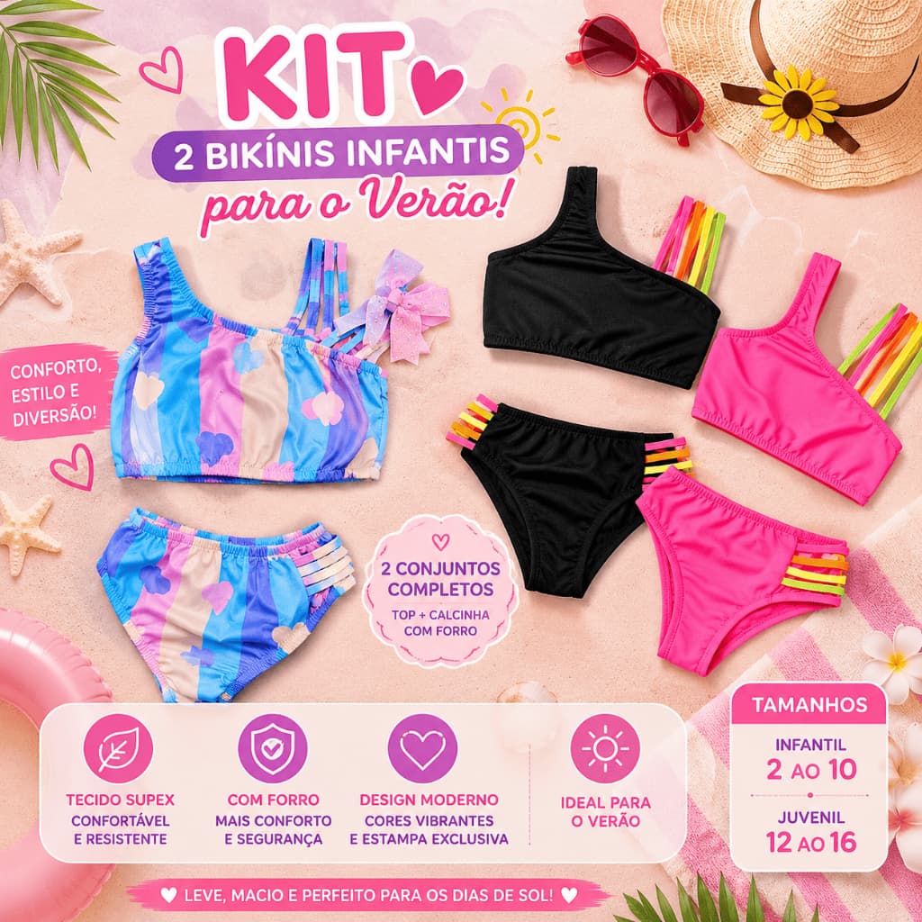 Kit de Biquínis Infantil e Juvenil - Biquíni Coração - Biquíni Neon - Moda Infantil - Moda Femenina