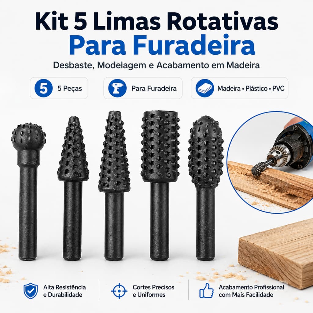 Kit 5 Limas Grossas Rotativas para Madeira, Haste 6mm para Furadeira kit brocas para furadeira