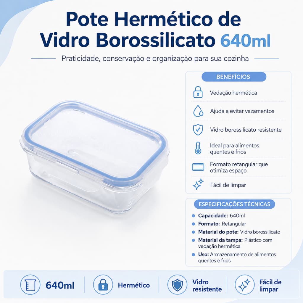 Pote Hermético Vidro Borossilicato Retangular Tampa Silicone Armazenamento Organizador Cozinha 640ml Marmita