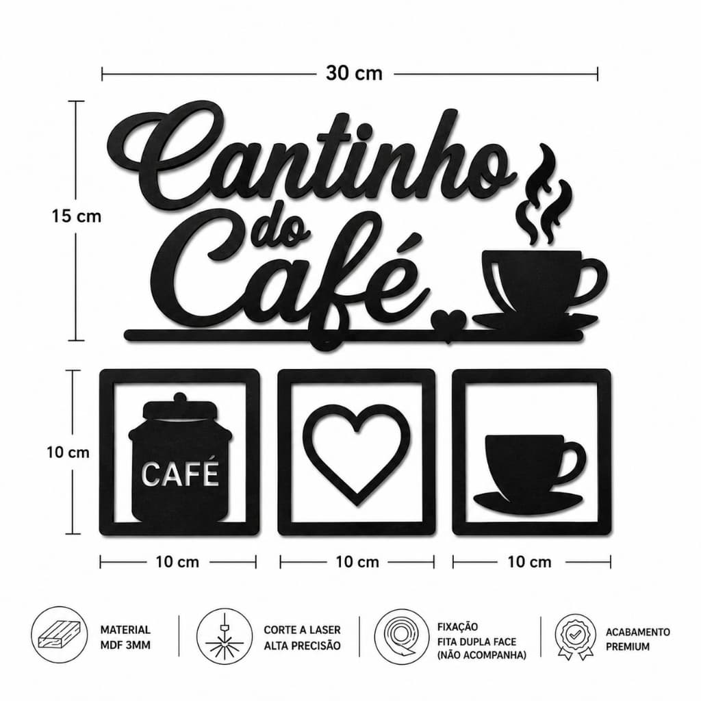 Kit de Canto de Café 4 Peças Decoração Cozinha MDF Preto Fosco 1 Frase 3 Placas