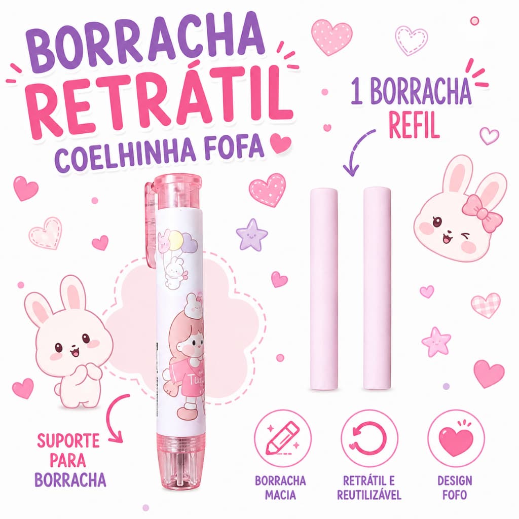 Suporte Retrátil com 2 Borrachas Macias Recarregável Apagável para Lápis Escolha Tema Preferido