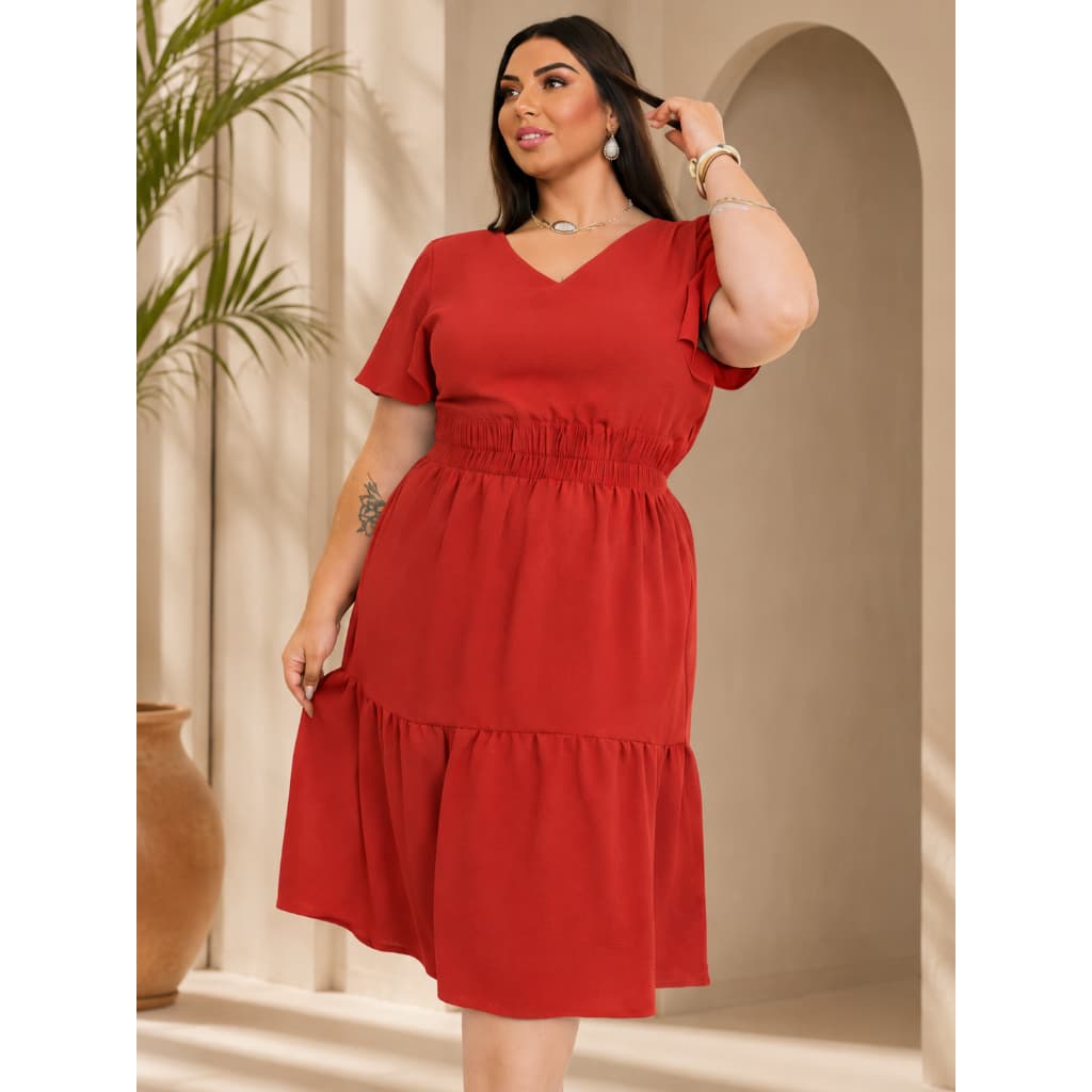 Vestido Midi Plus Size Gola V Rodado  Tecido Duna Cintura Princesa Manga Curta / Gestante