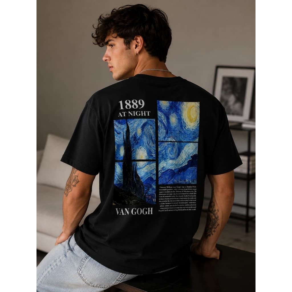 Camiseta Masculina Estampada Van Gogh Vintage Noite Estrelada Em Algodão Penteado Com Gola Redonda