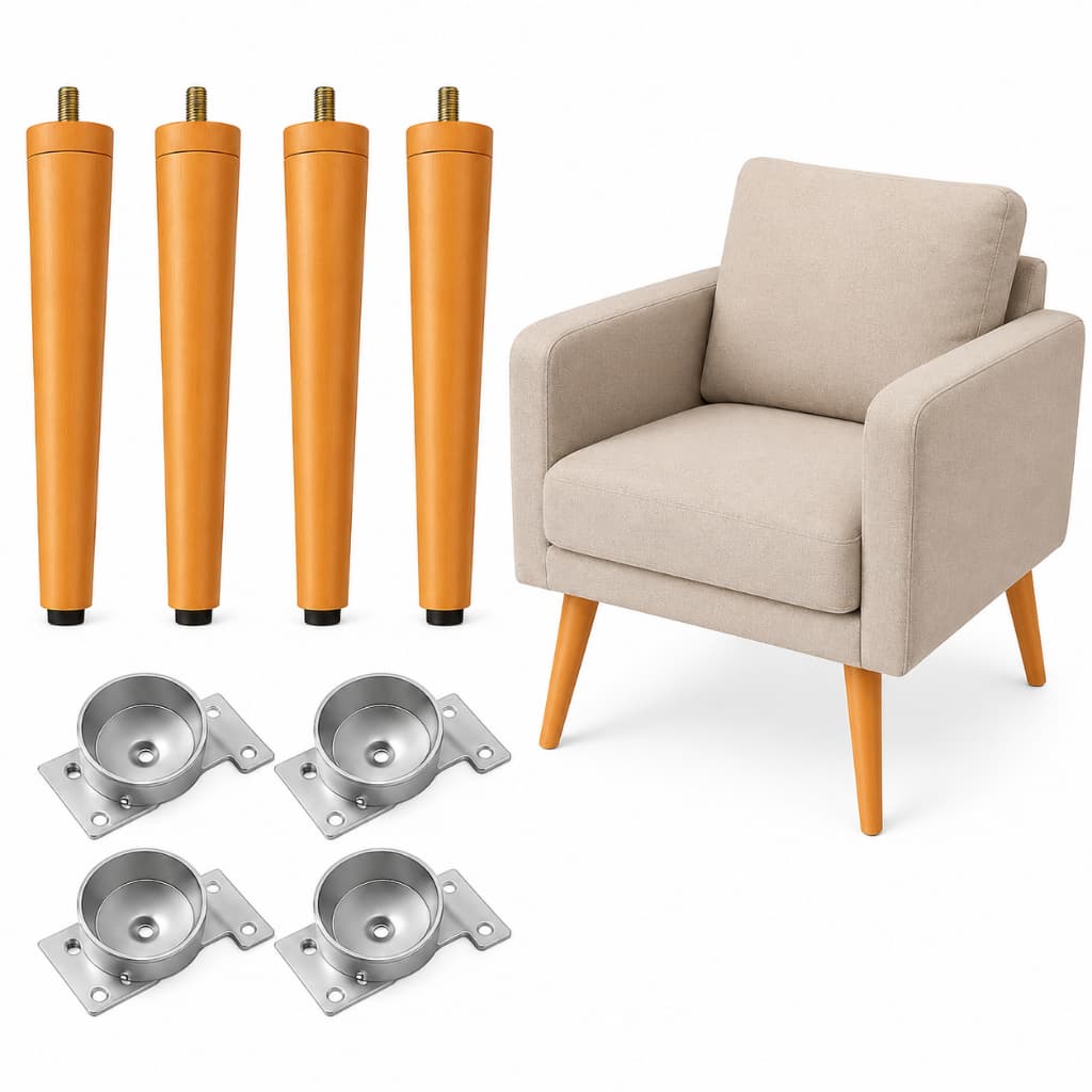 Kit 4 Pé Palito 32cm Madeira Maciça para Poltronas Puff Namoradeiras + Chapa Reforço