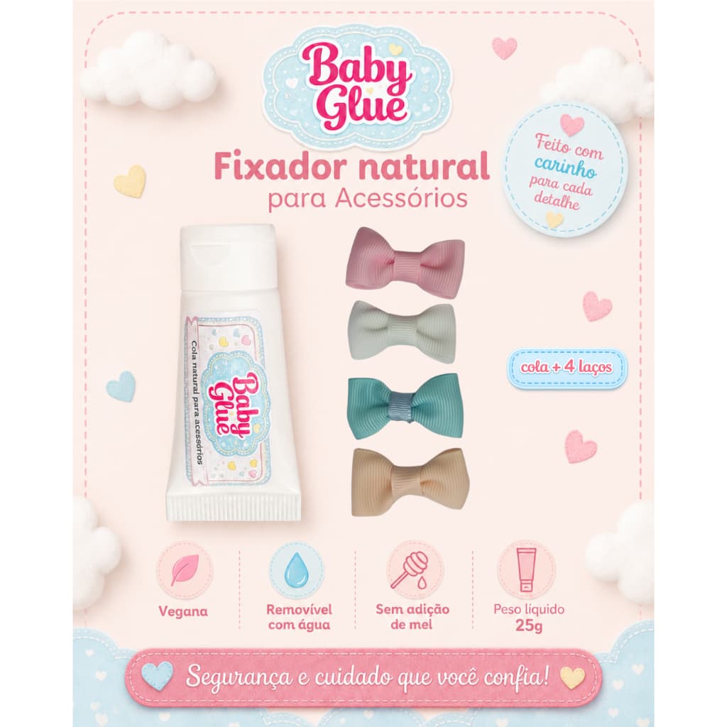 Kit Baby Glue Cola para Laço de Bebê + 4 Laços em Tons Pastel para RN Menina, Recém-Nascida e Bebê Sem Cabelo