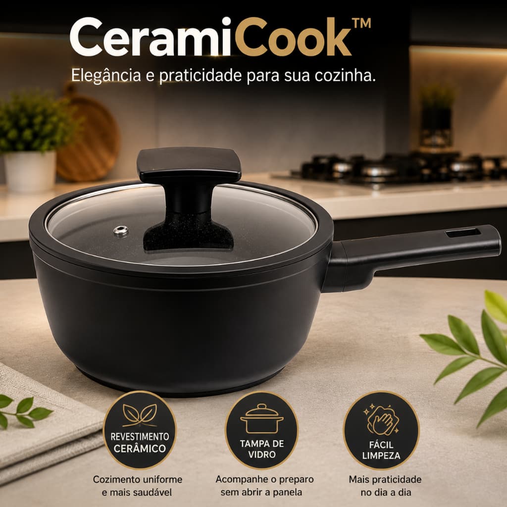 Panela Antiaderente Ceramica Com Tampa Vidro 16cm Preta Resistente Duravel