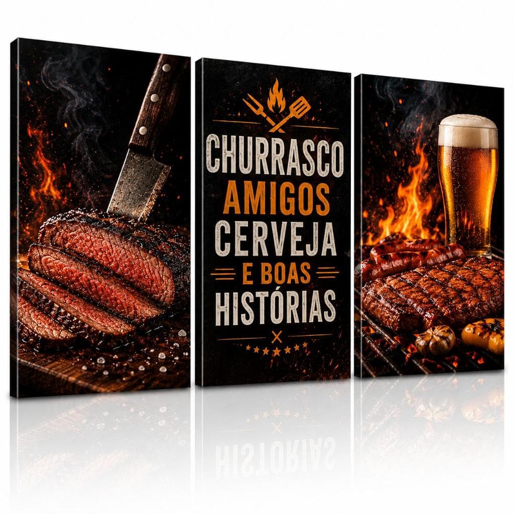 Quadros Decorativos 3 Peças Churrasco para Área Gourmet, Churrasqueira e Cozinha