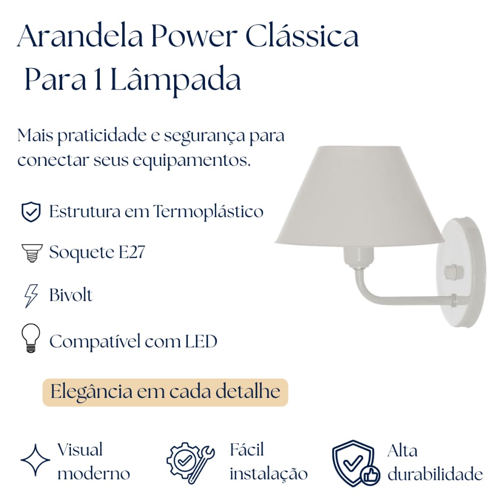 Arandela Power Classica 1 Lampada Soquete E27 Luminária Branco Preto 110v/220v Cabeceira Quarto Banheiro Sala