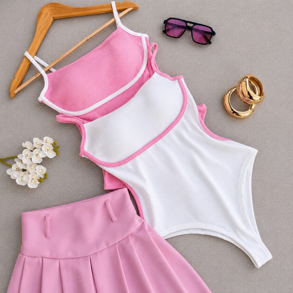 Body Alça Fina Com Bojo Modelador Canelado Casual Bicolor