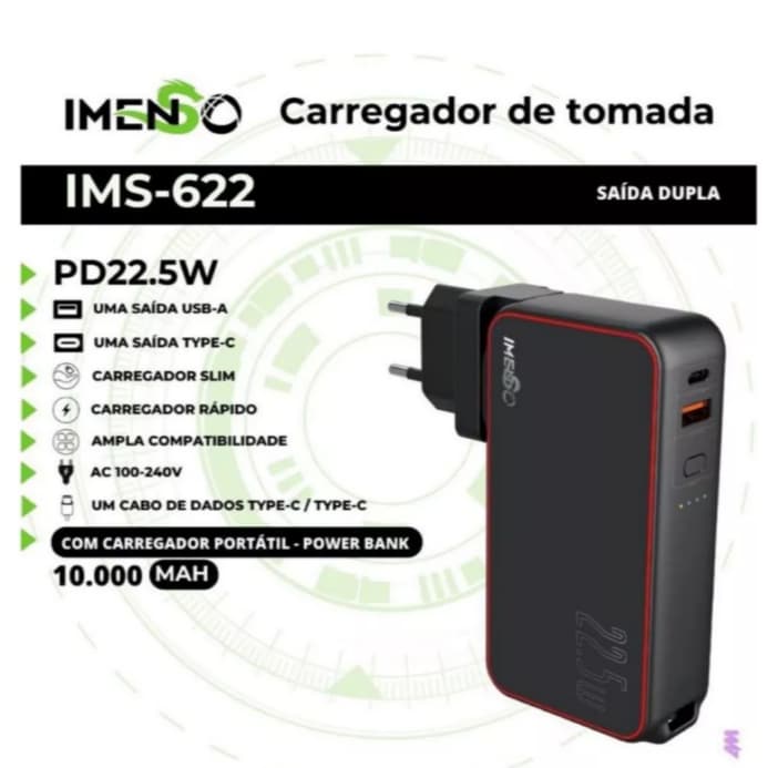 Carregador Tomada E Powerbank 2 Em 1 Hibrido Carregador e Power Bank  Imenso 9600mah