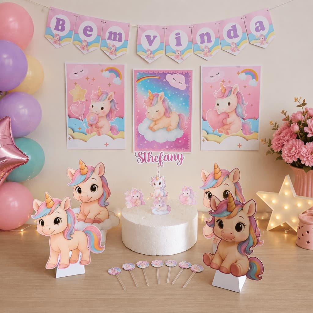 Kit Festa Personalizado Só um Bolinho - Unicórnio Baby - Aniversário - Chá de Bebé - ENVIO IMEDIATO