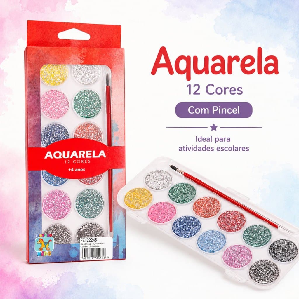 Aquarela 12 Cores com Pincel Escolar Infantil Lembrancinha Festa Artesanato Arte