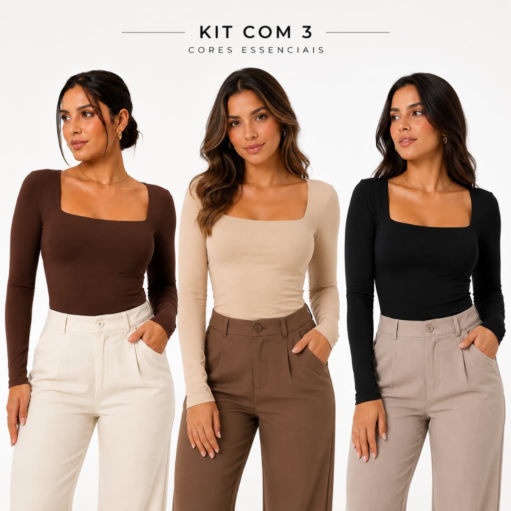 Kit 3 Body Feminino Manga Longa Decote Quadrado Suplex Conforto e Estilo Para seu Verão Moderno Dia & Noite