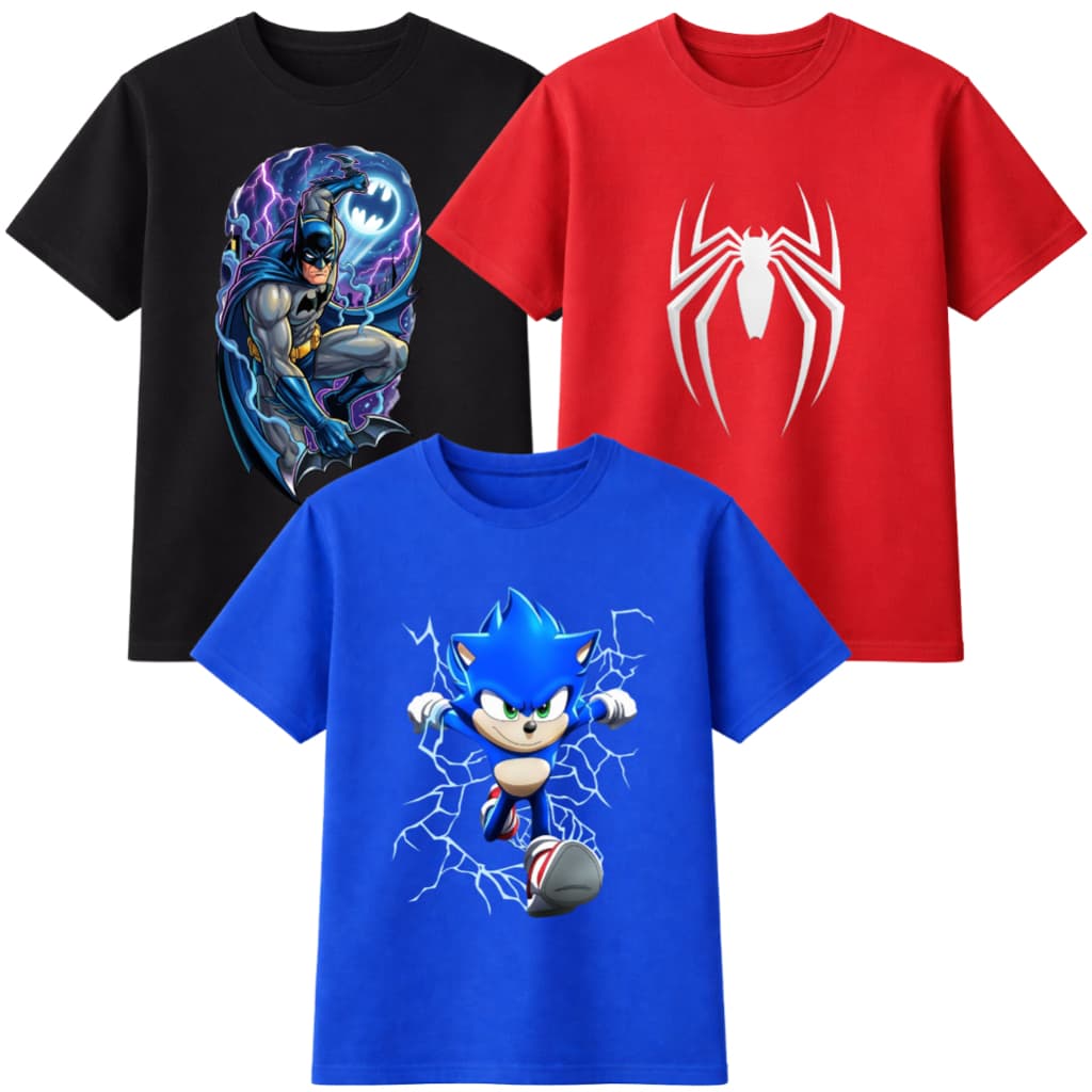 Kit 3 Camisetas Infantil Menino Super Heróis Estampadas Confortáveis Manga Curta