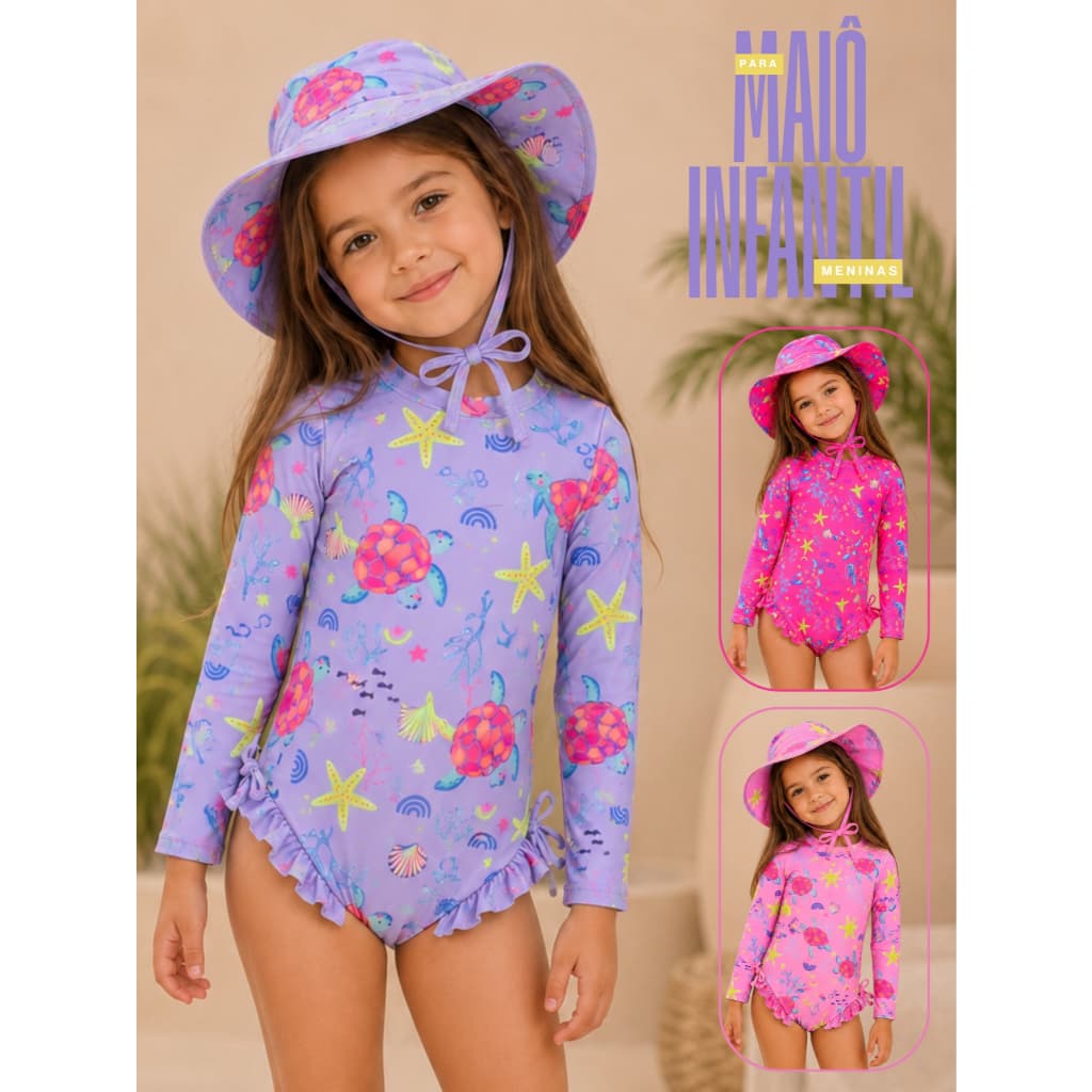 Maiô Infantil Manga Longa UV50+ Roupa de Praia Com Chapéu Proteção Solar