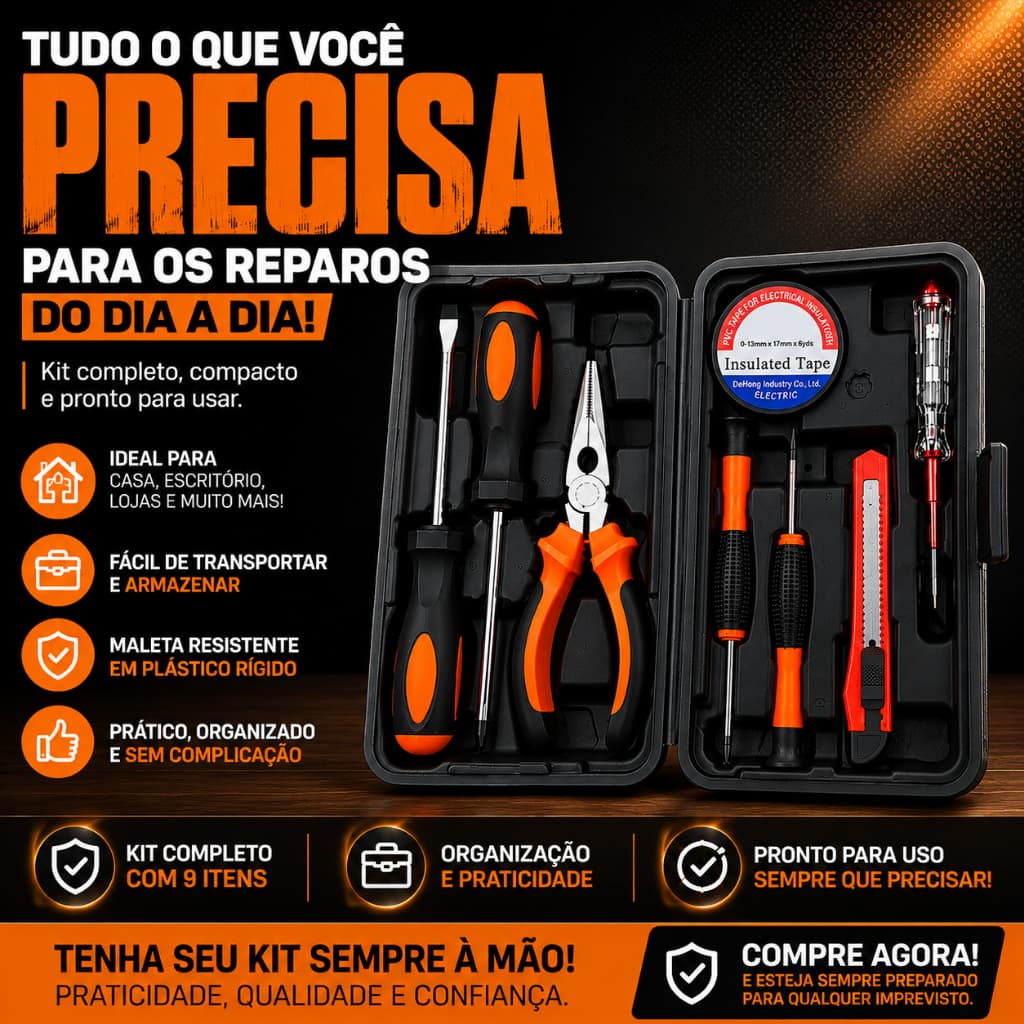 Maleta de Ferramentas 8 Peças Completa com Martelo Chaves Estilete Detector de Voltagem Estojo Resistente
