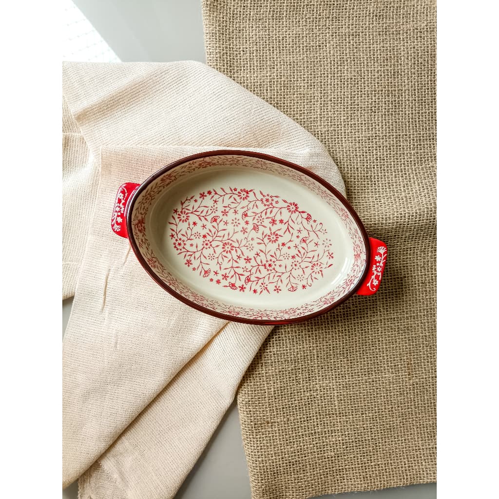 Assadeira oval de cerâmica floral vermelha | Assadeira oval em cerâmica | Mesa posta | Decoração | Louças