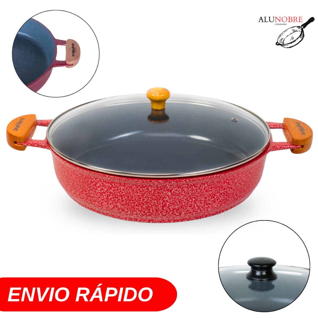 Frigideira Antiaderente 26cm Ceramica Vermelha com Tampa de Vidro Alumínio Fundido Diviforte