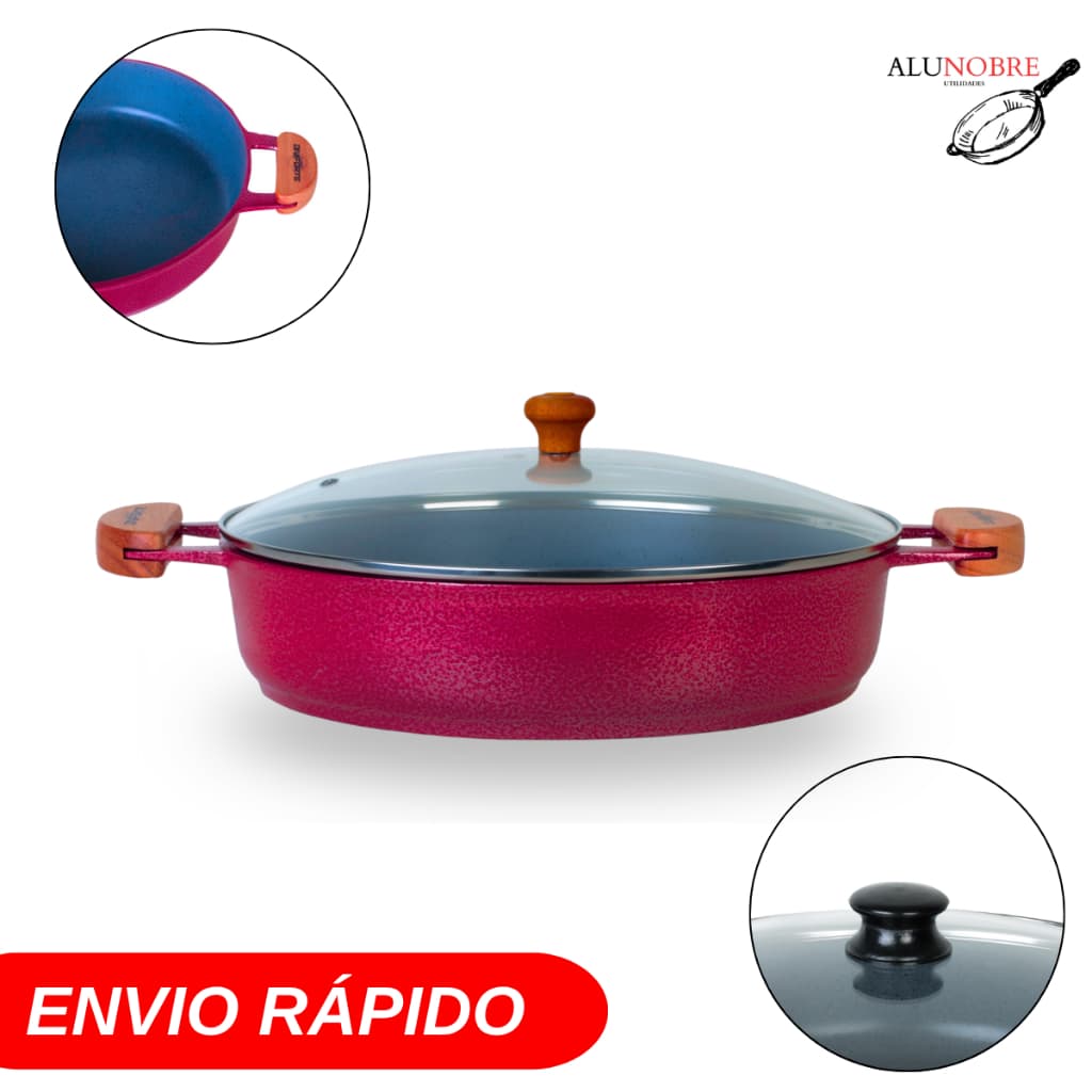 Frigideira 30 cm Antiaderente Vermelha Cerâmica Tampa De Vidro Alumínio Fundido