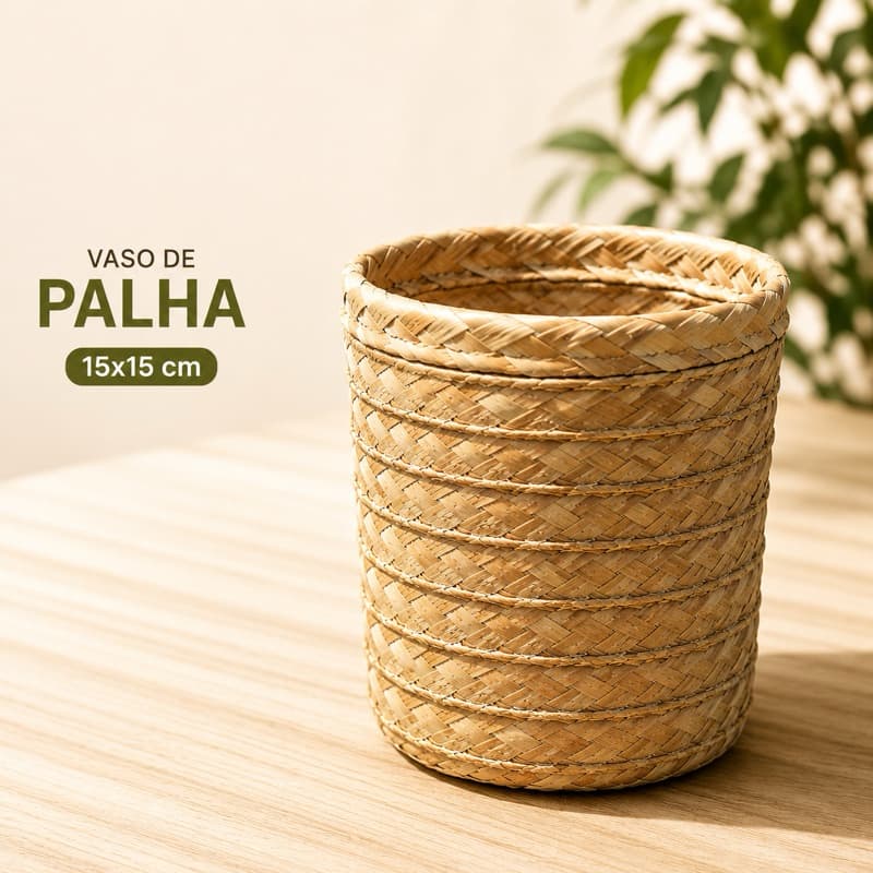 Vaso Cachepot de Palha Carnaúba 15x15 cm Artesanal para Plantas e Decoração