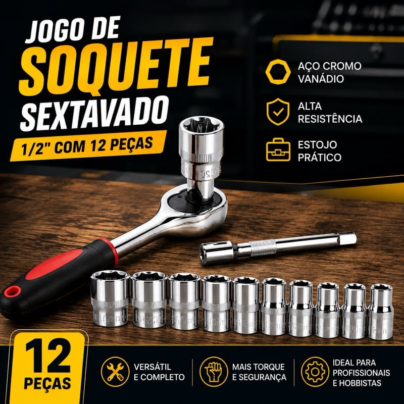 Jogo de Soquete Sextavado 1/2” 12 Peças com Catraca Reversível Aço Cromo Vanádio Kit Chaves Profissional