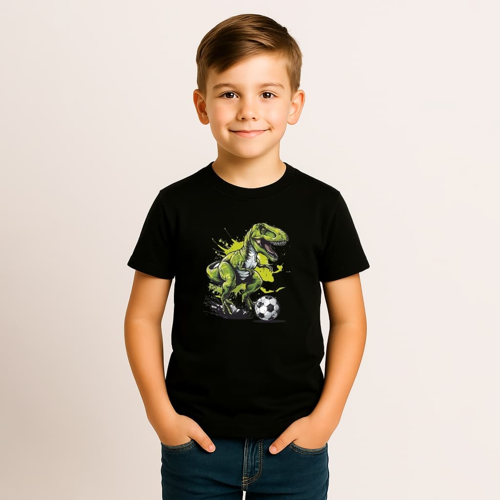 CAMISETA INFANTIL MENINO ALGODÃO DINOSSAURO FUTEBOL BOLA JOGADOR (2)