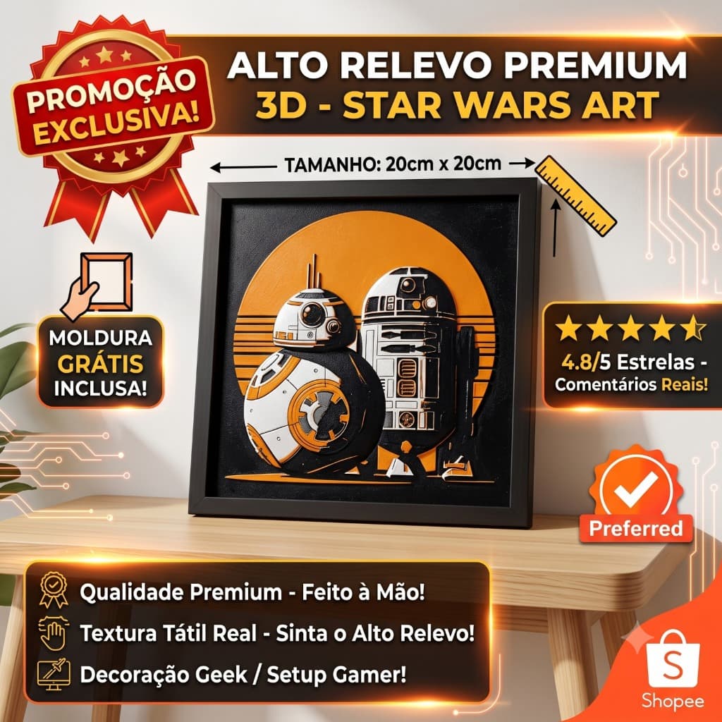 Quadro Decorativo Star Wars R2D2 BB8 Relevo 3D 20x20 Moldura Gratis Placa Parede Geek Gamer Cinema Droid