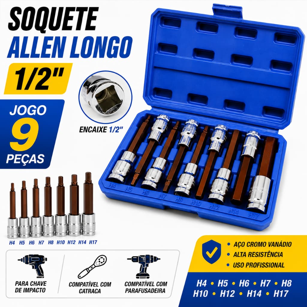 Kit Soquetes Allen Longo 1/2" para Chave de Impacto - Compatível com Catraca e Parafusadeira
