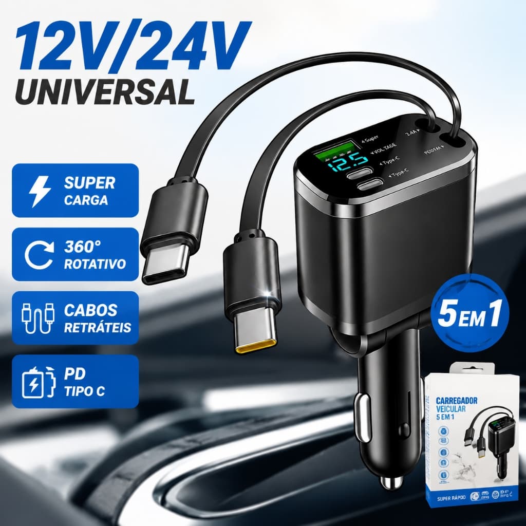 Carregador de carro retrátil com luz LED, carregador de carro rápido 5 em 1 de 66 W para iPhone e Android
