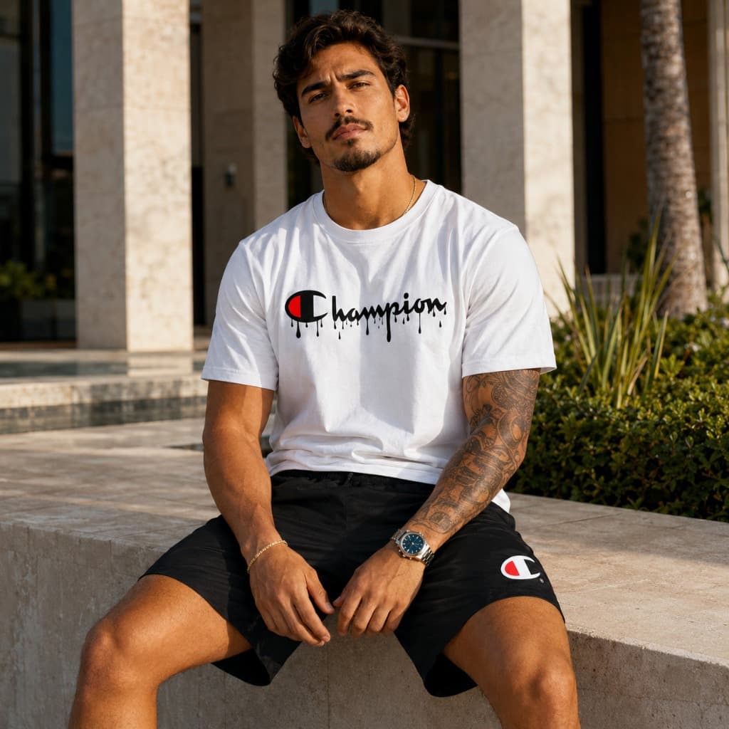 Conjunto Masculino Camiseta e Bermuda Champion Estampado 100% Algodão Esportivo Casual Verão Manga Curta