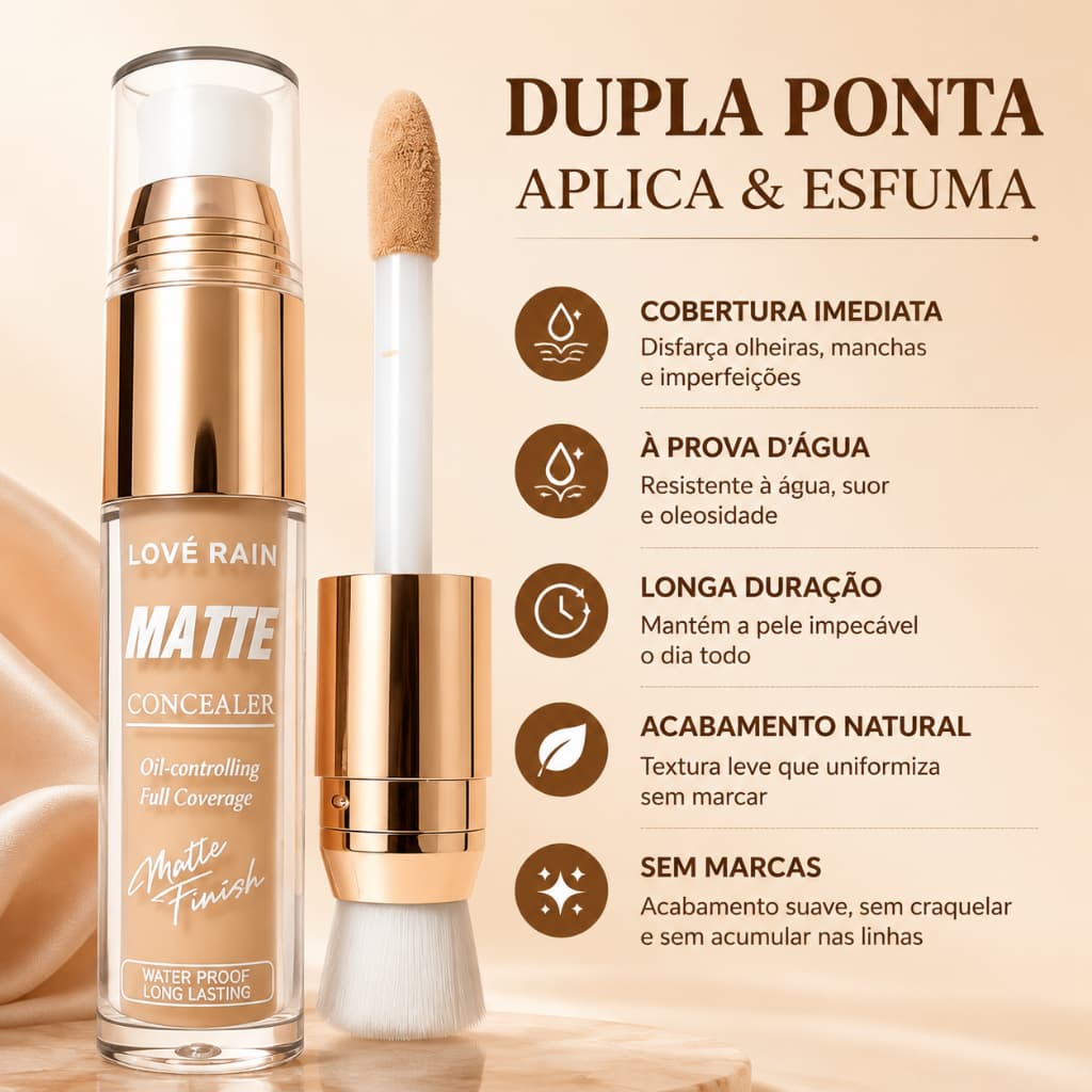 Corretivo Líquido 2 em 1 Lové Rain Alta Cobertura Matte, Disfarça Olheiras Manchas e Imperfeições, Longa Duração à Prova