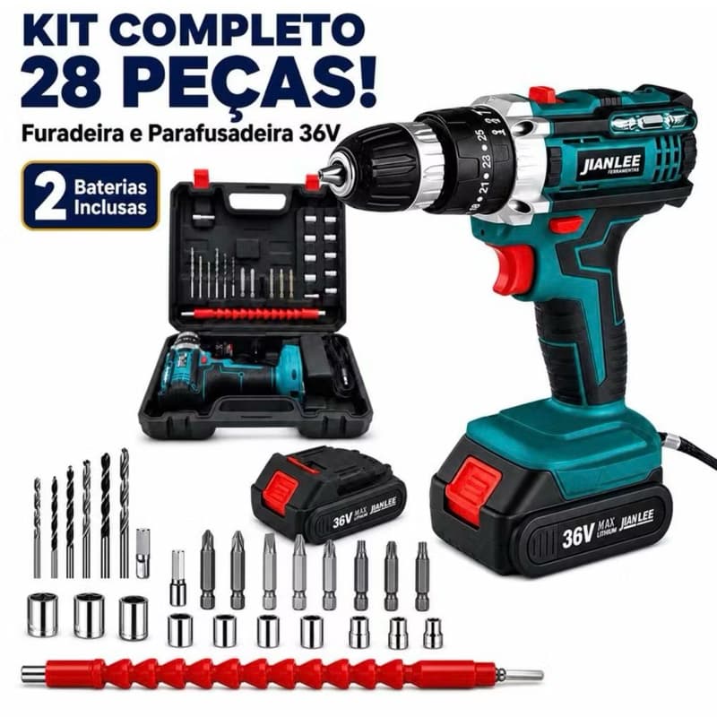 Parafusadeira 28 Peças Parafusadeira Elétrica 2 baterias 36V Sem Fio Bivolt LED Azul-JUMLEE