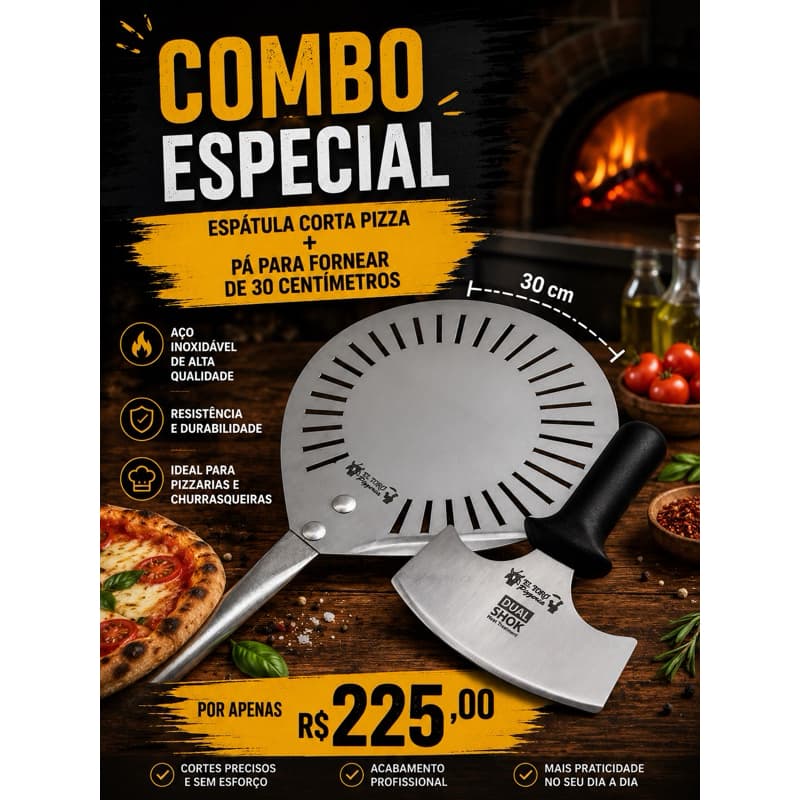 COMBO PIZZAIOLO - PÁ PIZZA 30CM INOX E ESPÁTULA CORTA PIZZA EL TORO